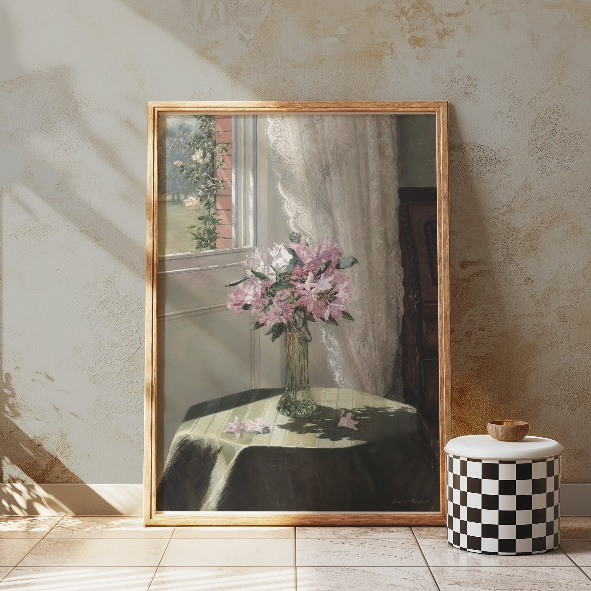 Premium Poster of Beautiful Flower Vase on Table with Floral Curtains Posters
