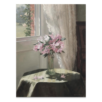 Premium Poster of Beautiful Flower Vase on Table with Floral Curtains Posters