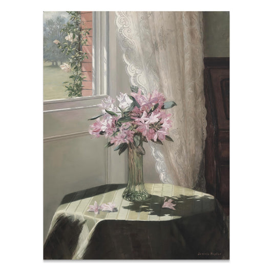 Premium Poster of Beautiful Flower Vase on Table with Floral Curtains Posters