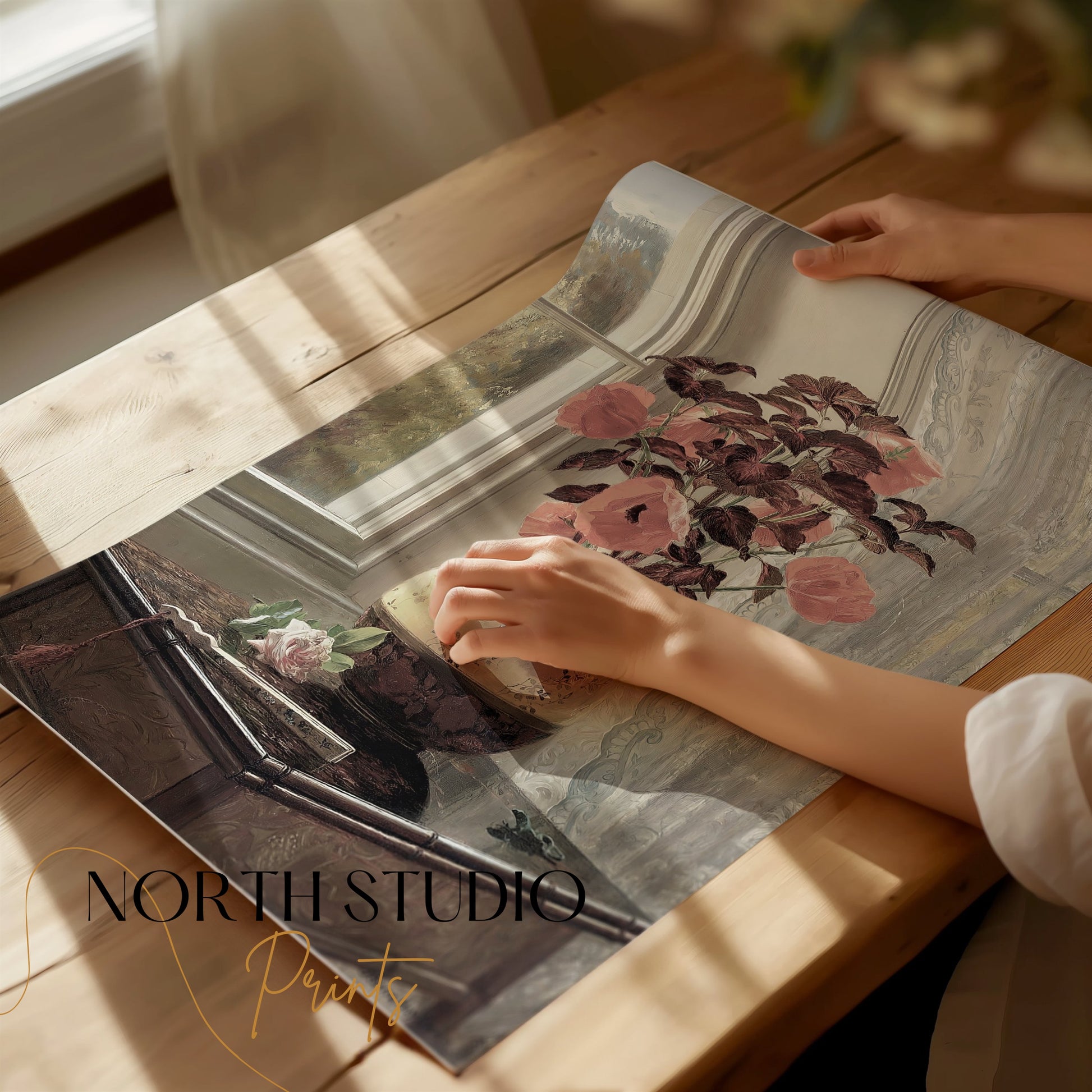 Premium Poster of Beautiful Flowers in Vase Near Window Sunlight Posters