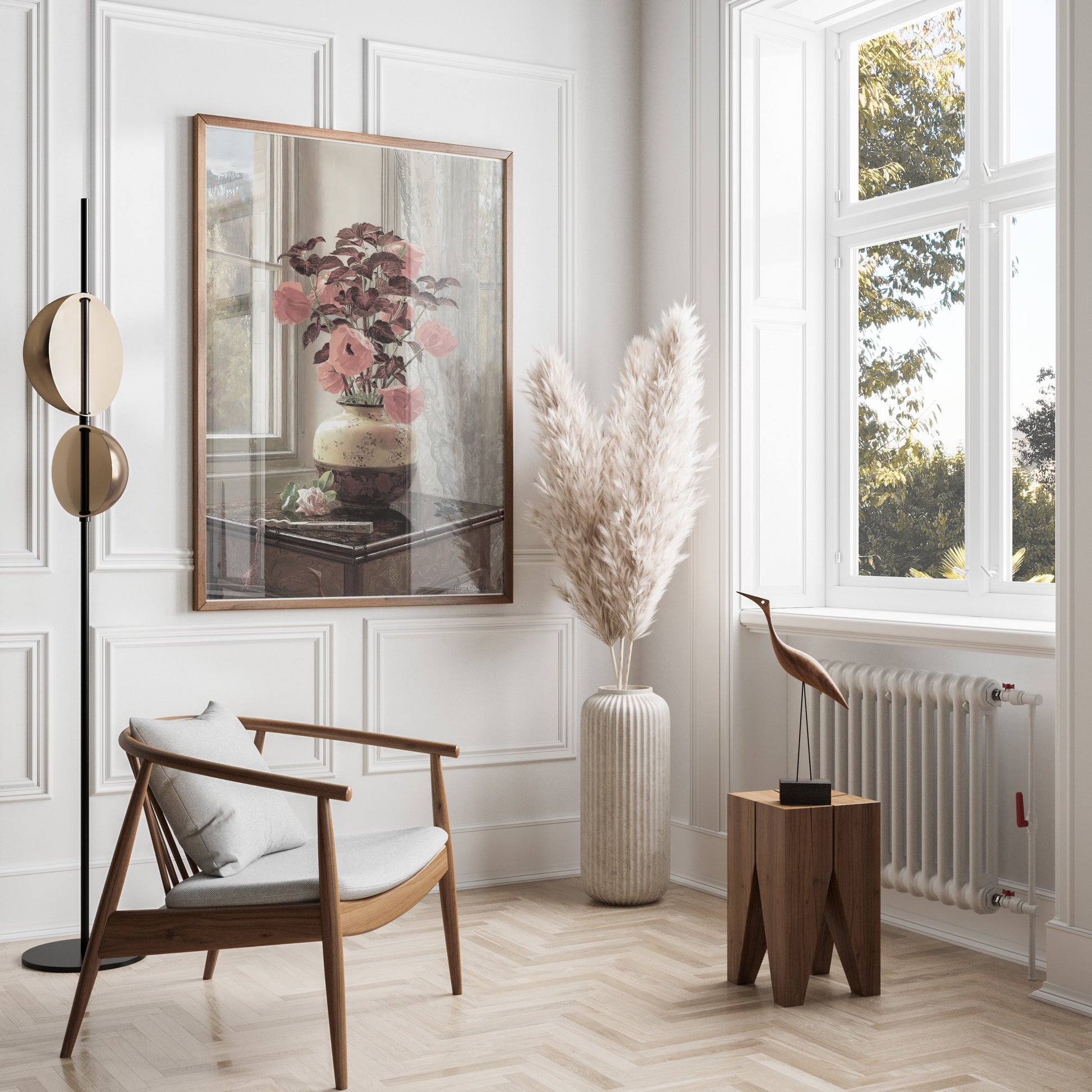 Premium Poster of Beautiful Flowers in Vase Near Window Sunlight Posters