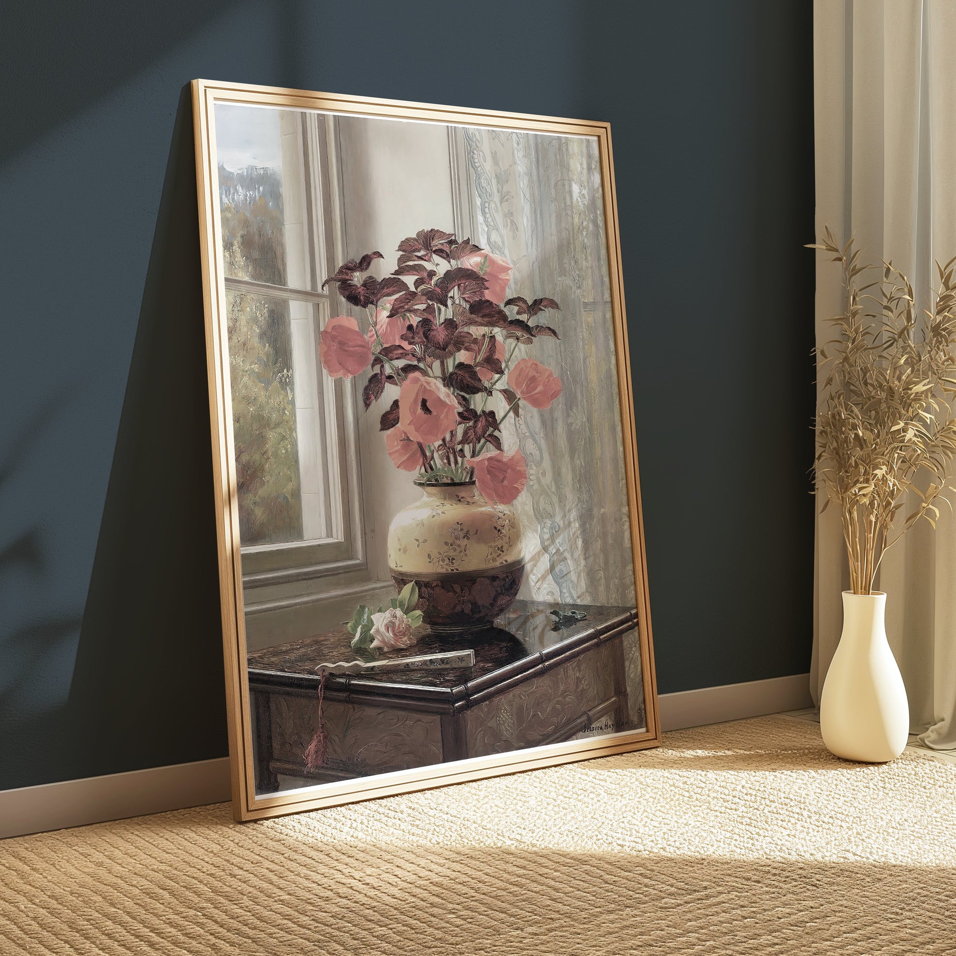 Premium Poster of Beautiful Flowers in Vase Near Window Sunlight Posters