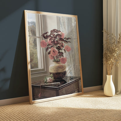 Premium Poster of Beautiful Flowers in Vase Near Window Sunlight Posters