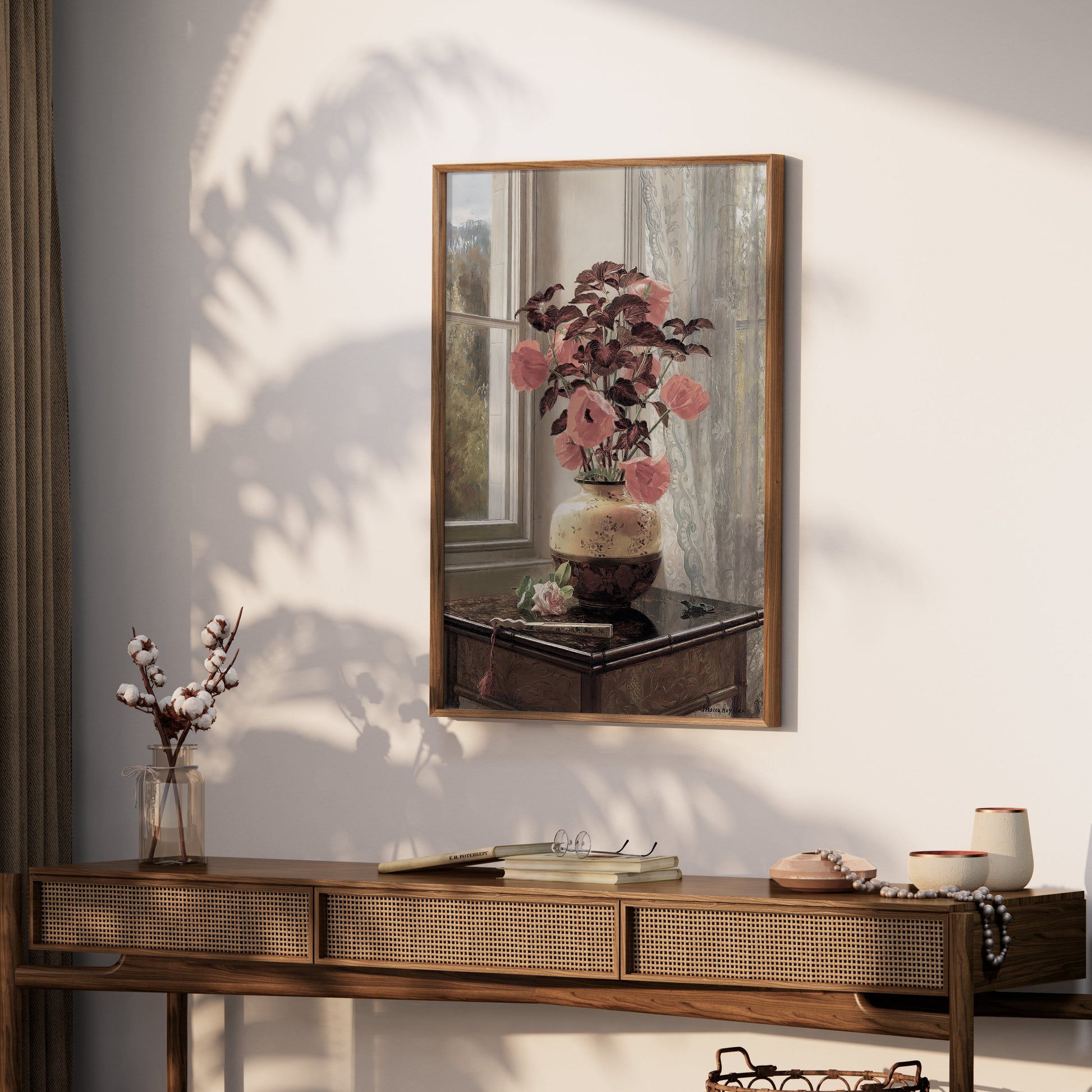 Premium Poster of Beautiful Flowers in Vase Near Window Sunlight Posters