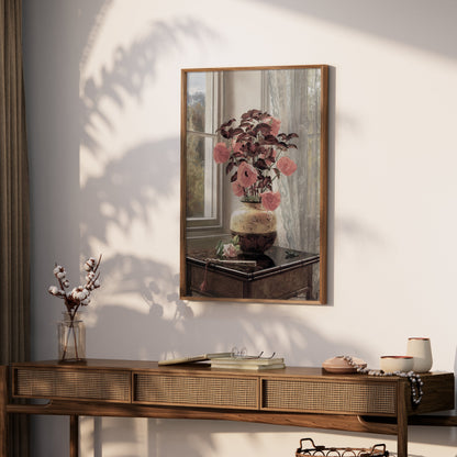 Premium Poster of Beautiful Flowers in Vase Near Window Sunlight Posters