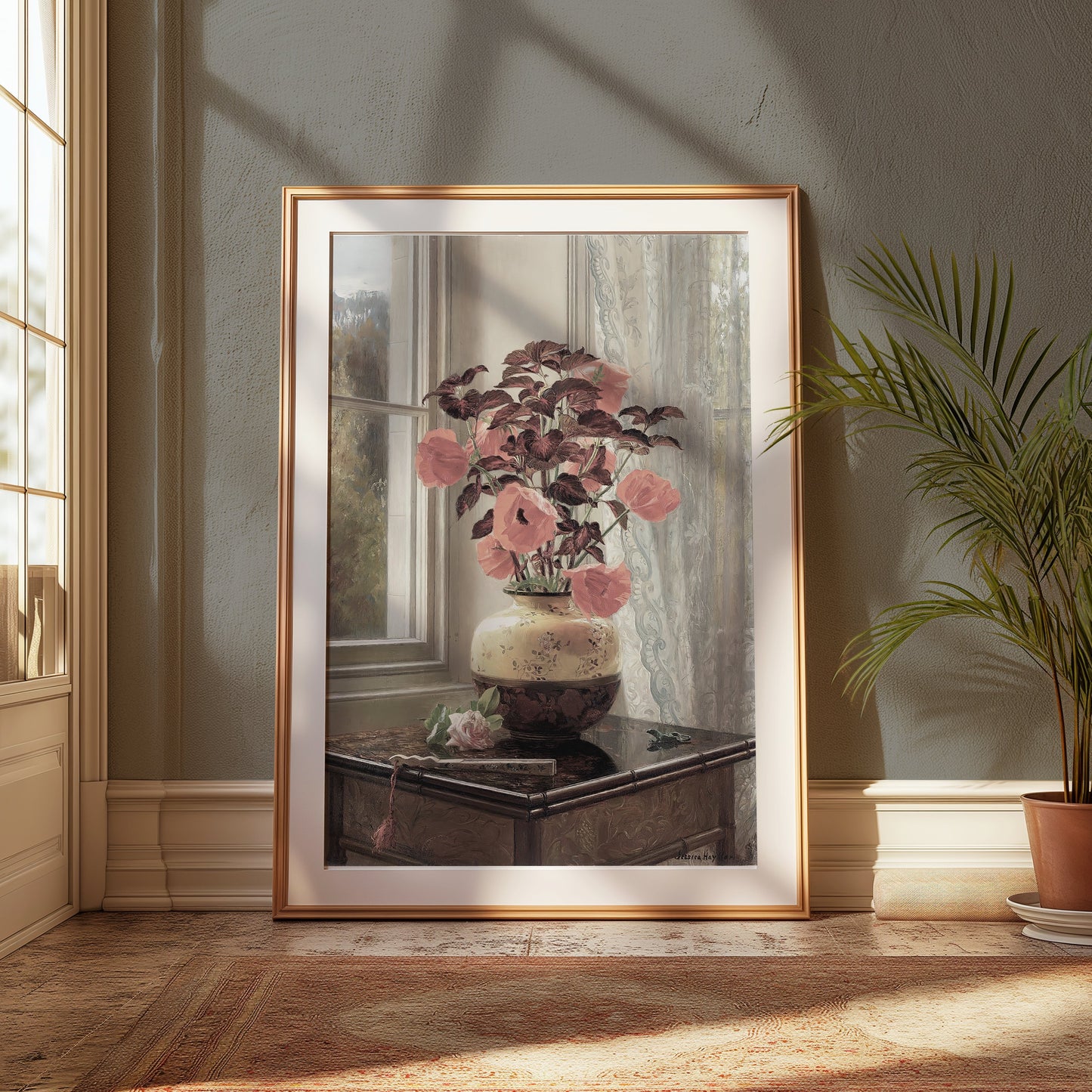 Premium Poster of Beautiful Flowers in Vase Near Window Sunlight Posters