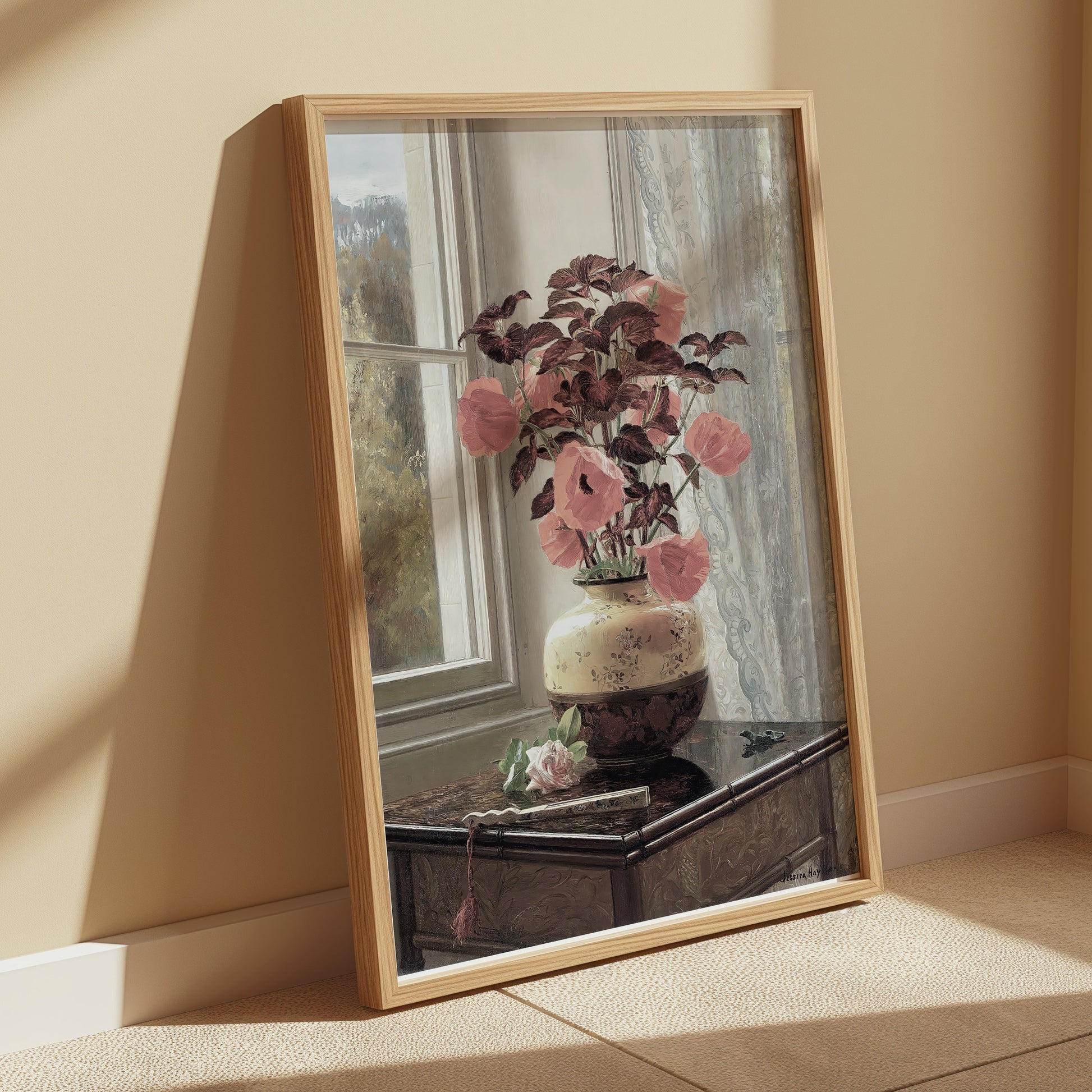 Premium Poster of Beautiful Flowers in Vase Near Window Sunlight Posters