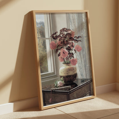 Premium Poster of Beautiful Flowers in Vase Near Window Sunlight Posters