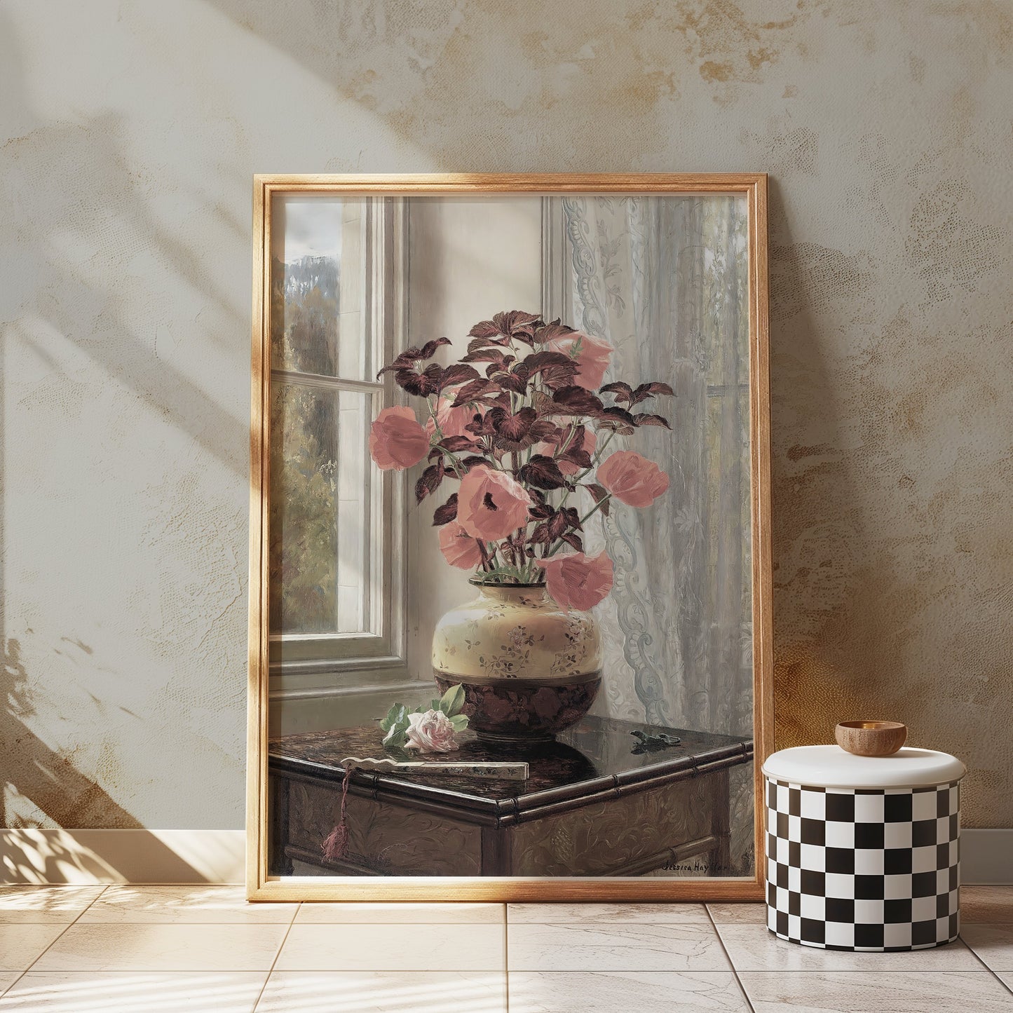 Premium Poster of Beautiful Flowers in Vase Near Window Sunlight Posters