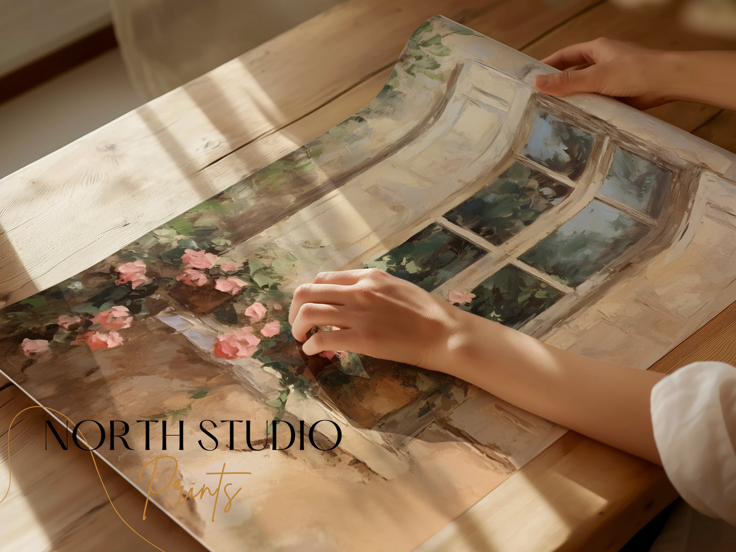 Premium Poster of Beautiful French Window Painting with Flower Pot Posters