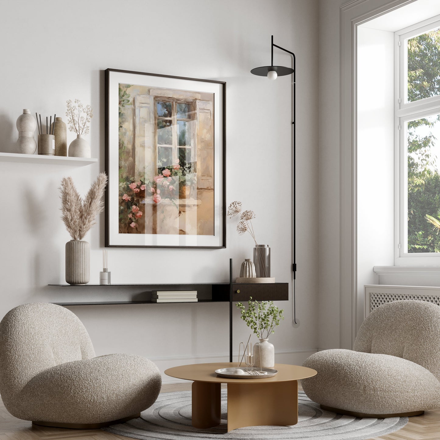 Premium Poster of Beautiful French Window Painting with Flower Pot Posters