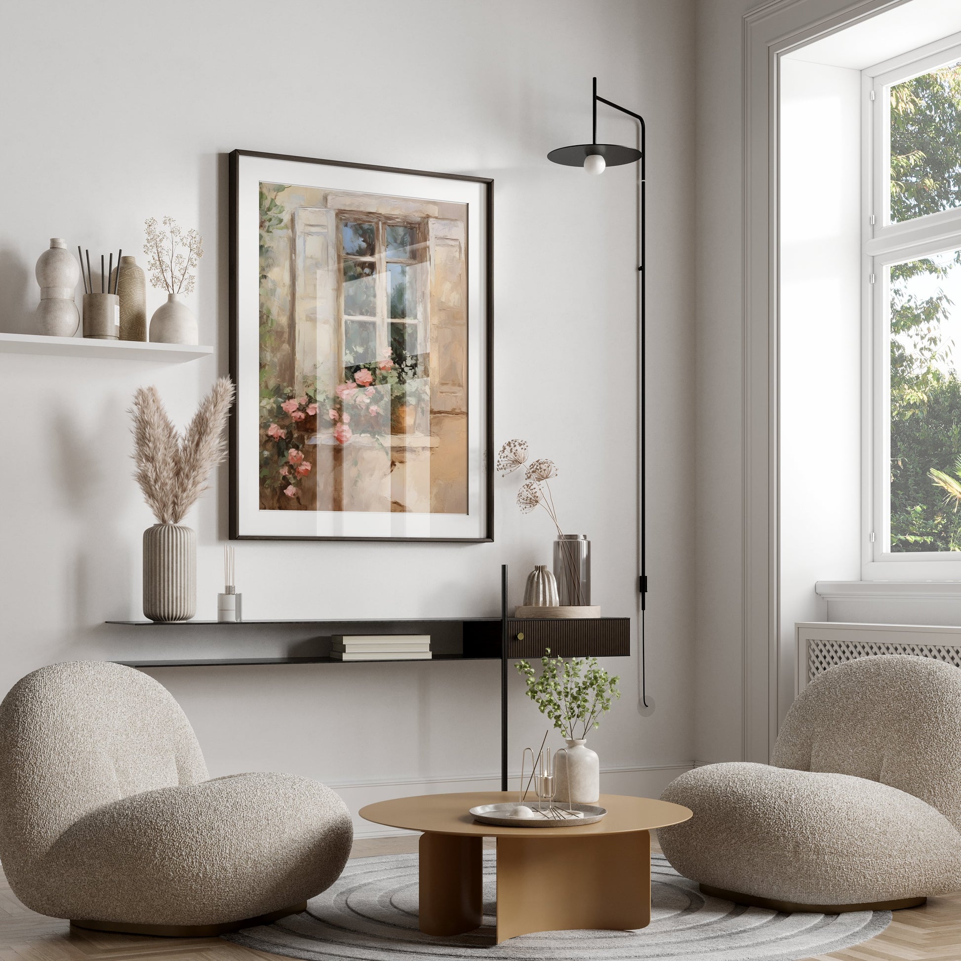 Premium Poster of Beautiful French Window Painting with Flower Pot Posters