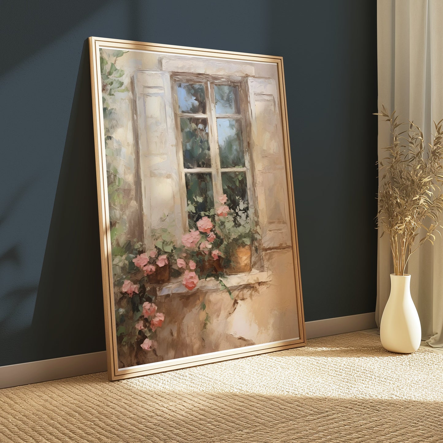 Premium Poster of Beautiful French Window Painting with Flower Pot Posters