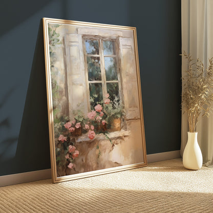 Premium Poster of Beautiful French Window Painting with Flower Pot Posters