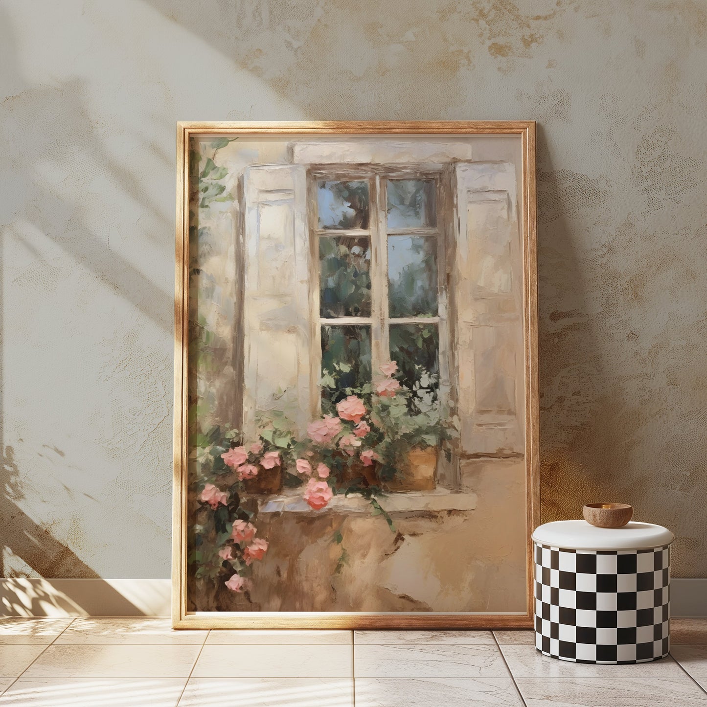 Premium Poster of Beautiful French Window Painting with Flower Pot Posters