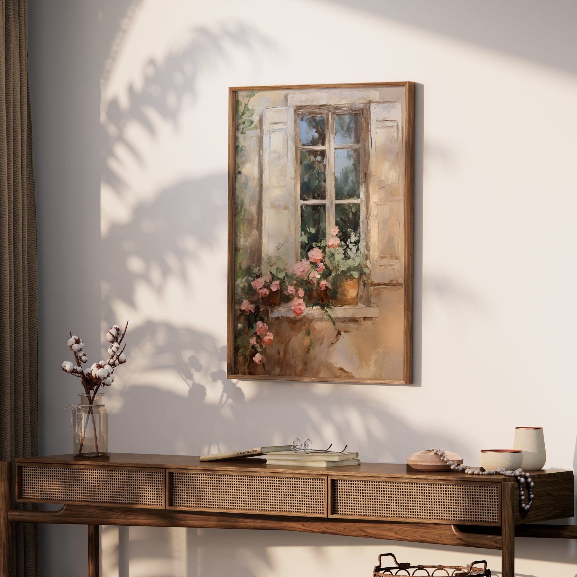 Premium Poster of Beautiful French Window Painting with Flower Pot Posters