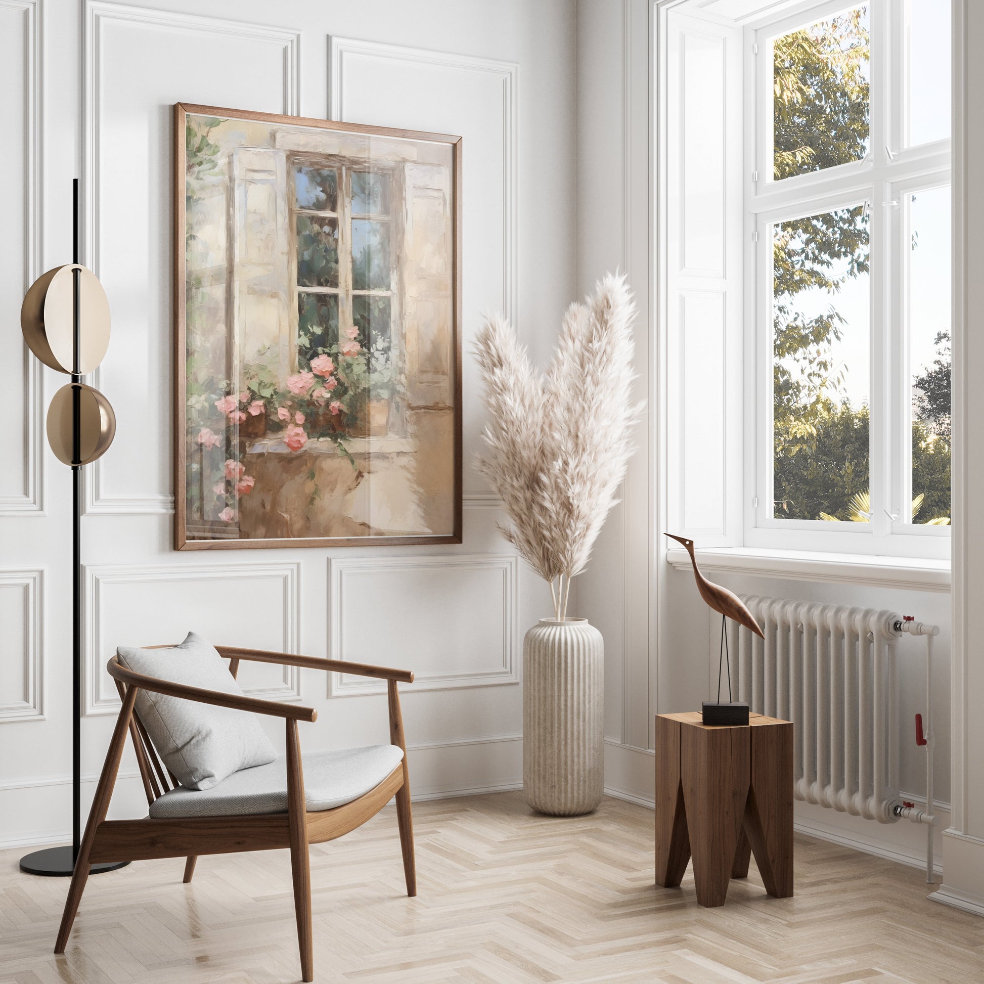 Premium Poster of Beautiful French Window Painting with Flower Pot Posters