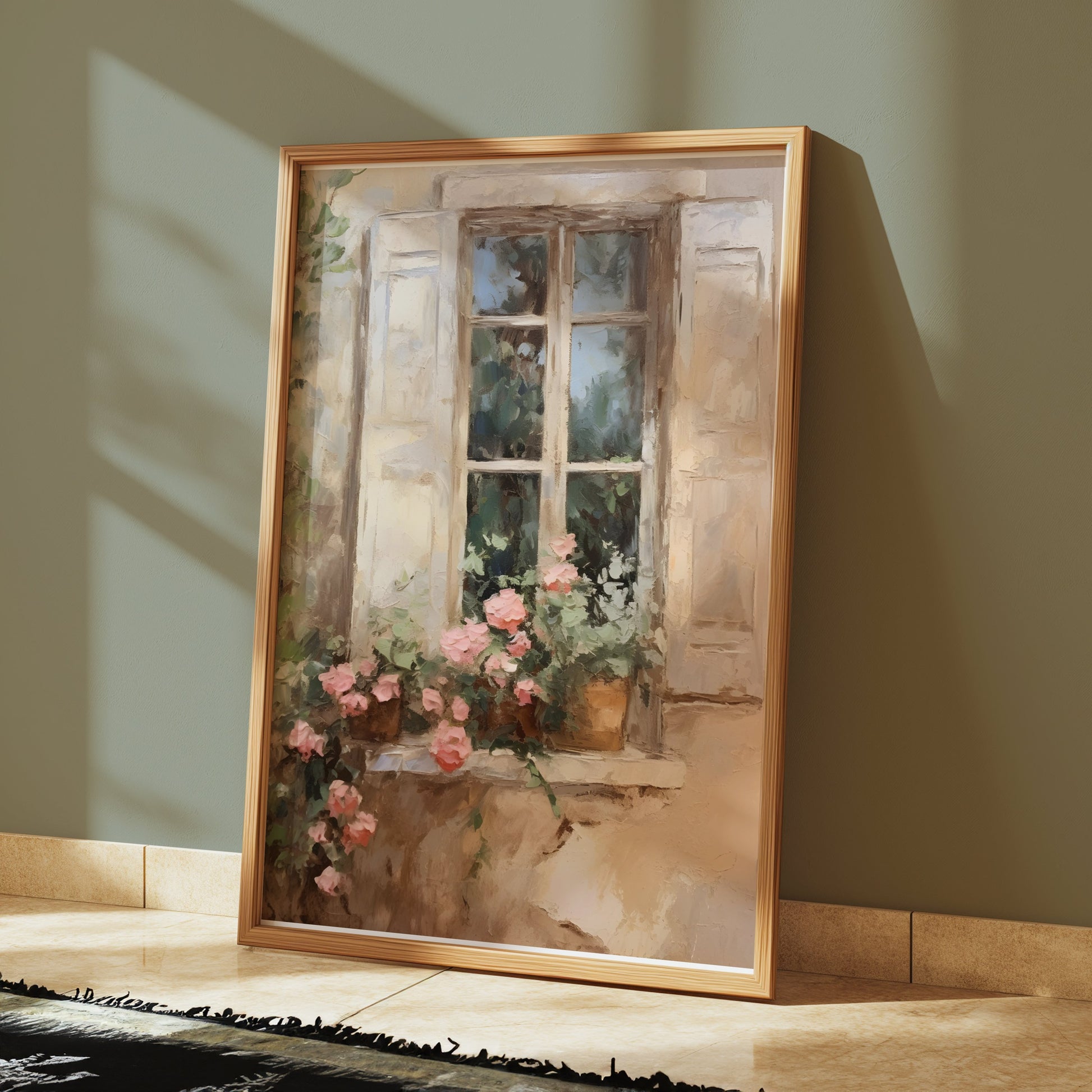 Premium Poster of Beautiful French Window Painting with Flower Pot Posters