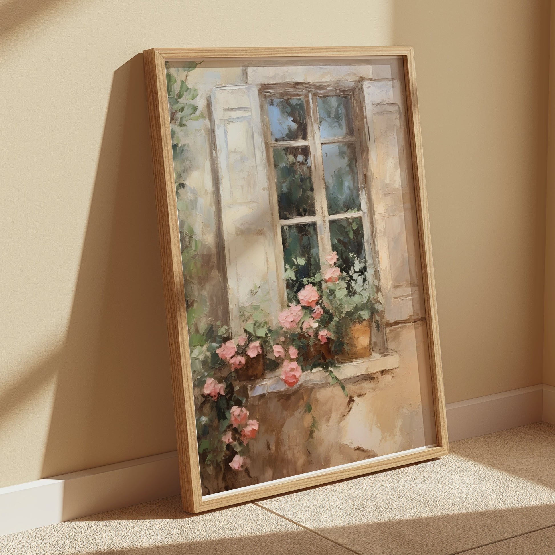 Premium Poster of Beautiful French Window Painting with Flower Pot Posters