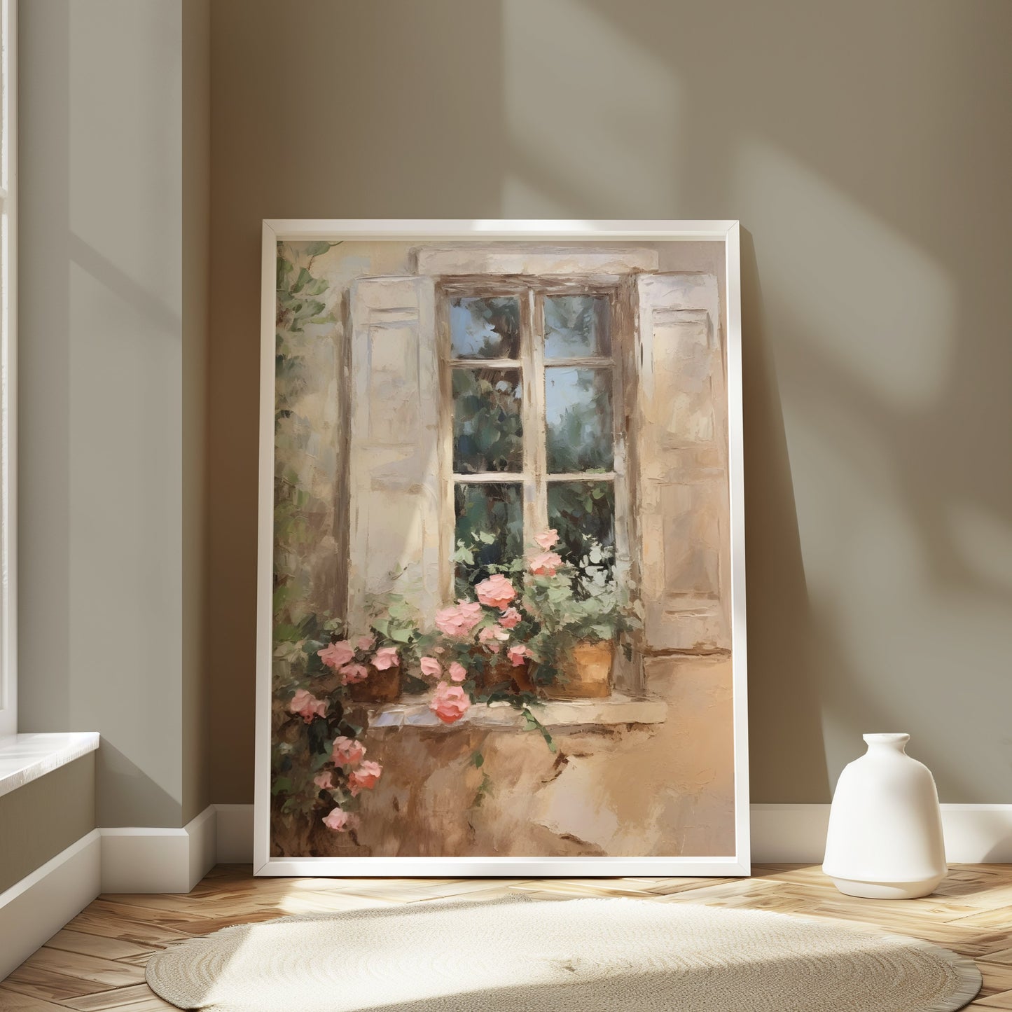 Premium Poster of Beautiful French Window Painting with Flower Pot Posters