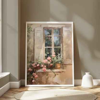 Premium Poster of Beautiful French Window Painting with Flower Pot Posters