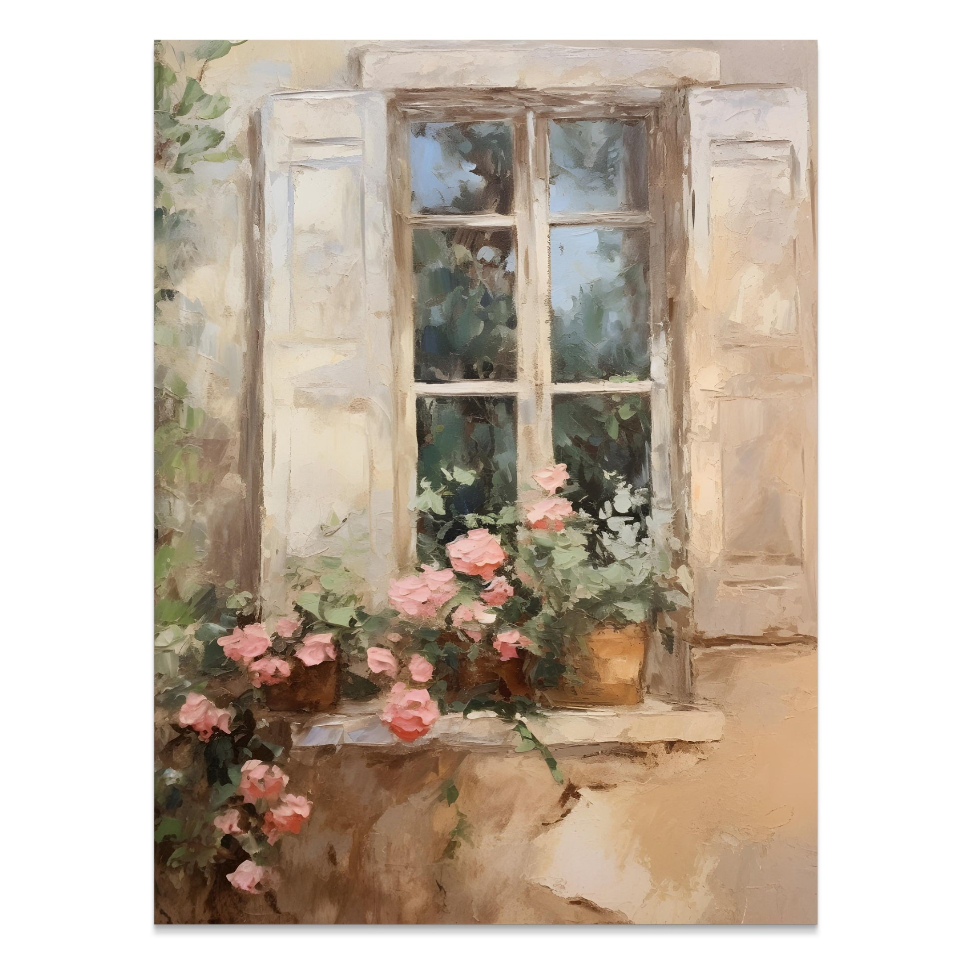 Premium Poster of Beautiful French Window Painting with Flower Pot Posters