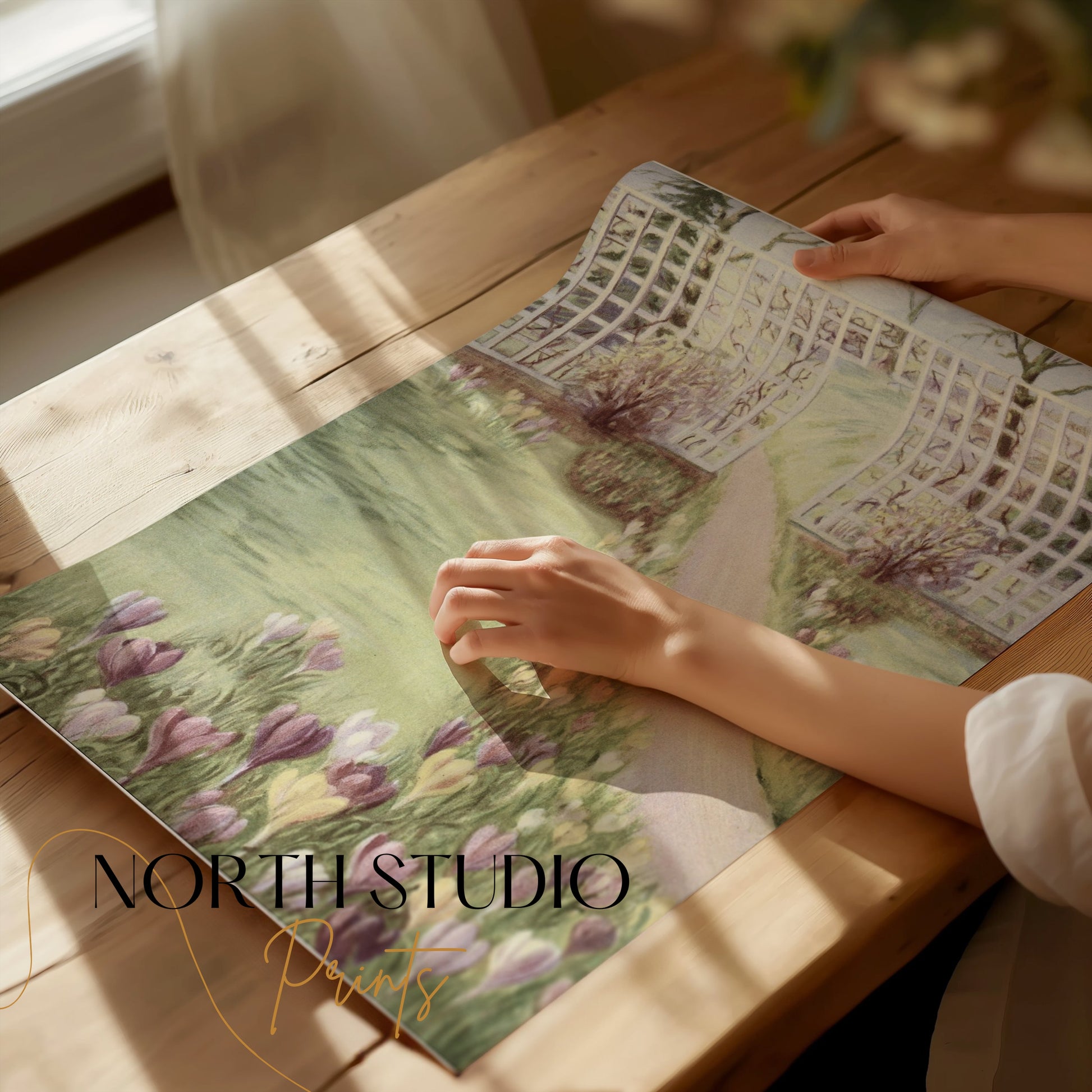Premium Poster of Beautiful Garden Pathway with Flowering Field Posters