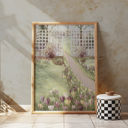 Premium Poster of Beautiful Garden Pathway with Flowering Field Posters