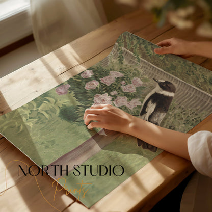 Premium Poster of Beautiful Garden Scene with Bird and Flowers Posters