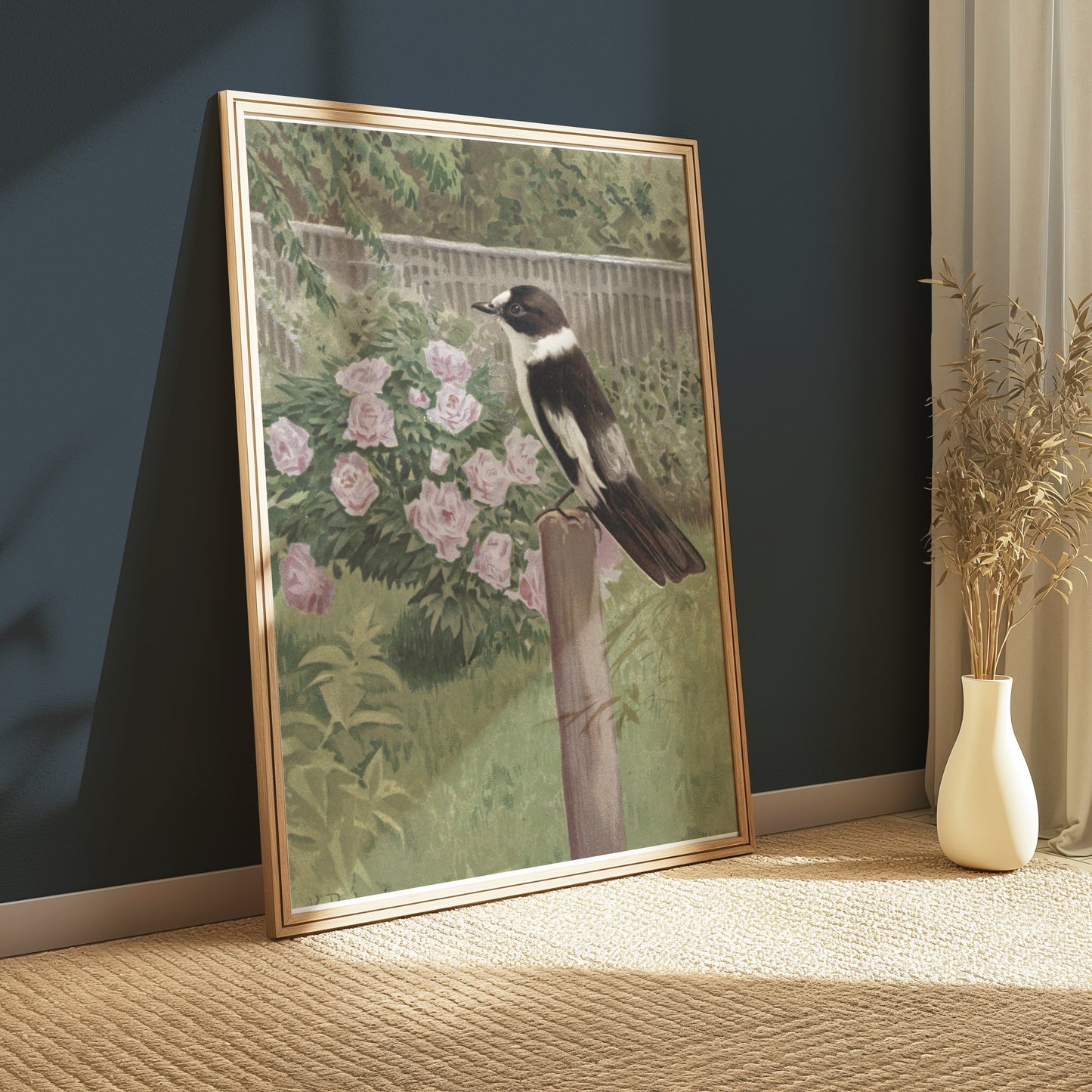 Premium Poster of Beautiful Garden Scene with Bird and Flowers Posters