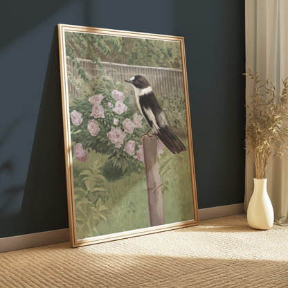 Premium Poster of Beautiful Garden Scene with Bird and Flowers Posters