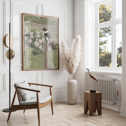 Premium Poster of Beautiful Garden Scene with Bird and Flowers Posters