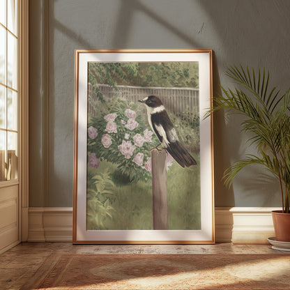 Premium Poster of Beautiful Garden Scene with Bird and Flowers Posters