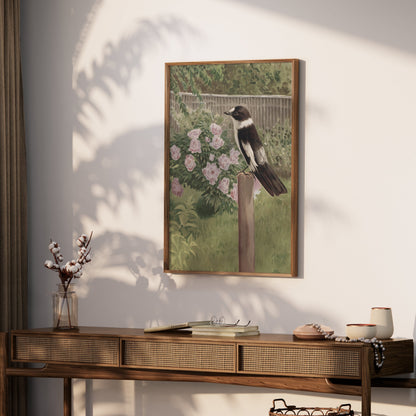 Premium Poster of Beautiful Garden Scene with Bird and Flowers Posters