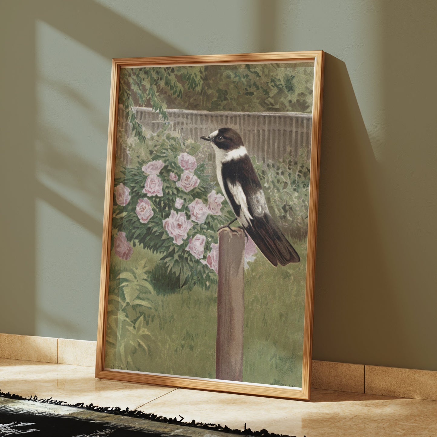 Premium Poster of Beautiful Garden Scene with Bird and Flowers Posters