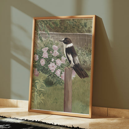 Premium Poster of Beautiful Garden Scene with Bird and Flowers Posters