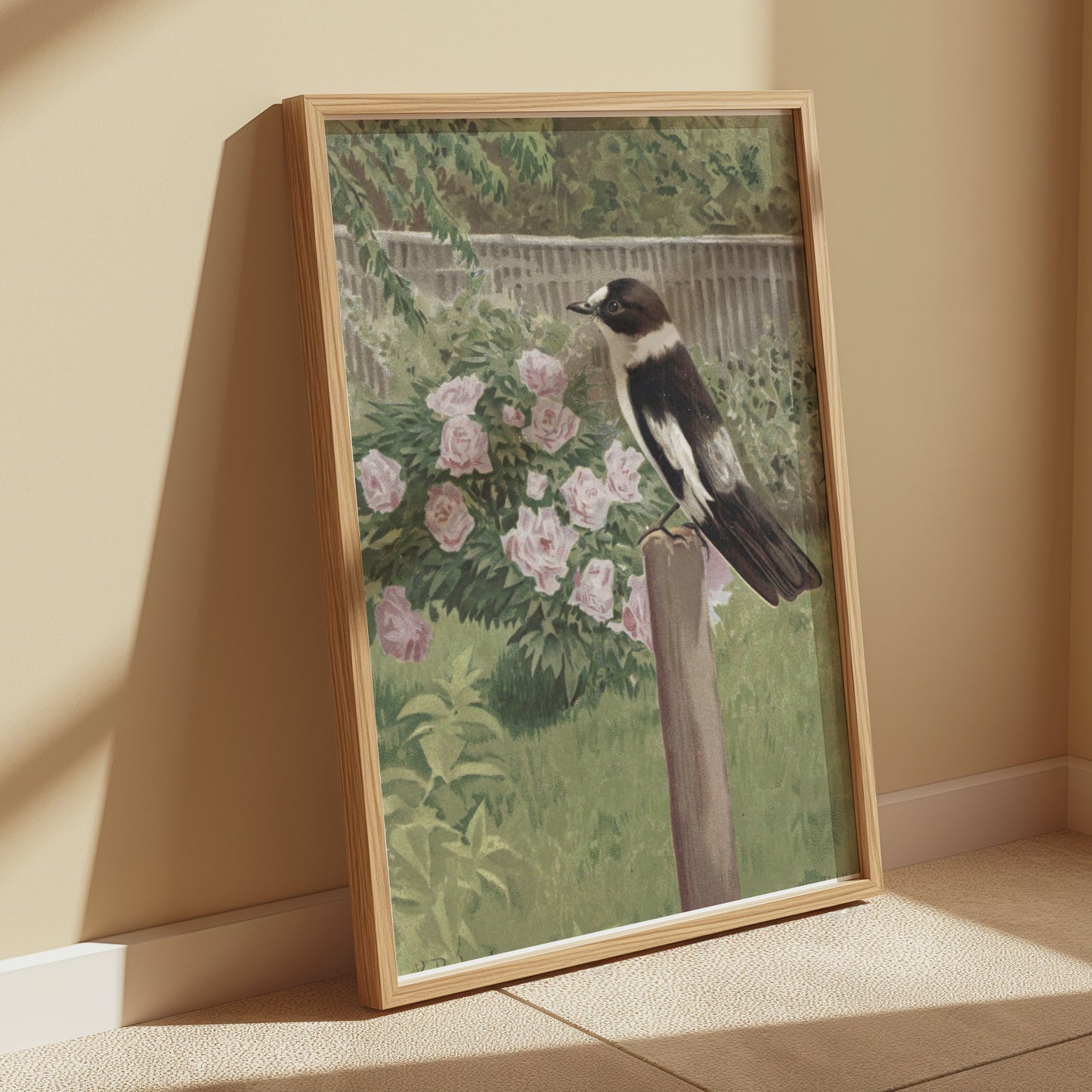 Premium Poster of Beautiful Garden Scene with Bird and Flowers Posters