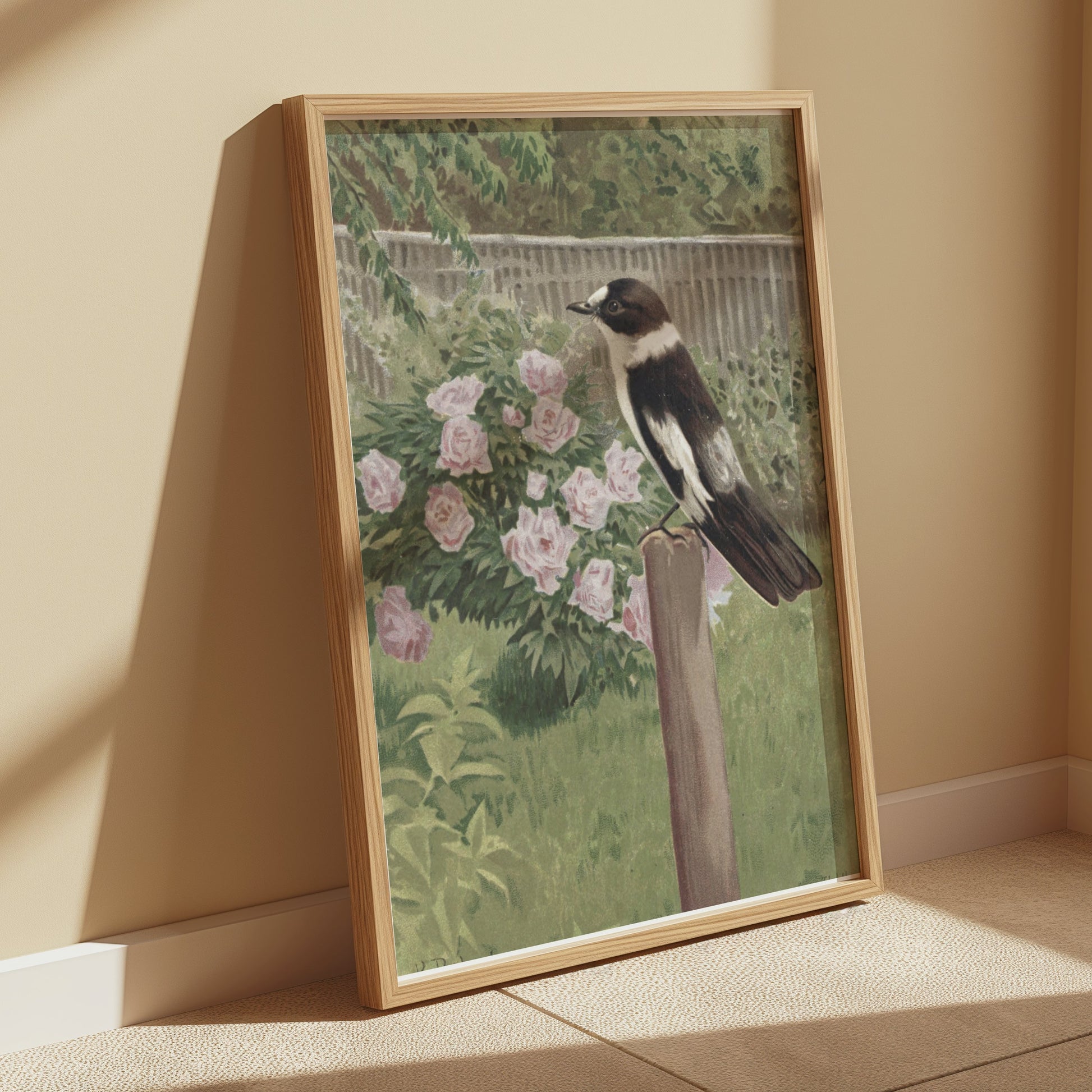 Premium Poster of Beautiful Garden Scene with Bird and Flowers Posters
