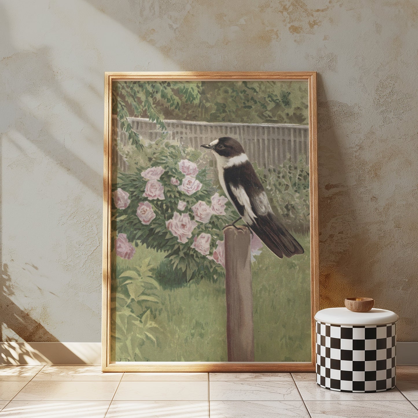 Premium Poster of Beautiful Garden Scene with Bird and Flowers Posters
