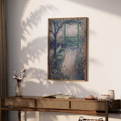 Premium Poster of Beautiful Garden View with Bench and Gate Posters