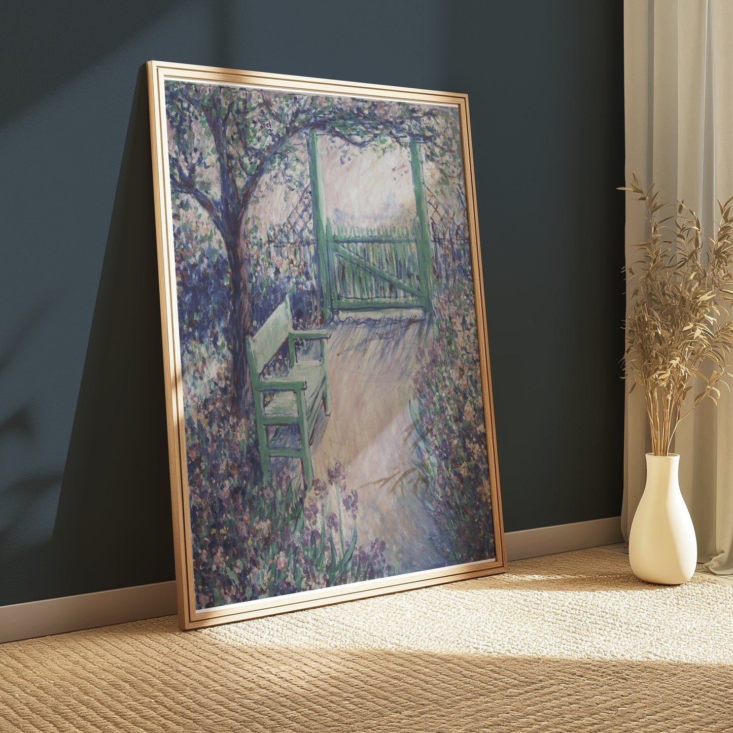 Premium Poster of Beautiful Garden View with Bench and Gate Posters