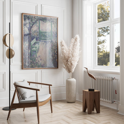 Premium Poster of Beautiful Garden View with Bench and Gate Posters