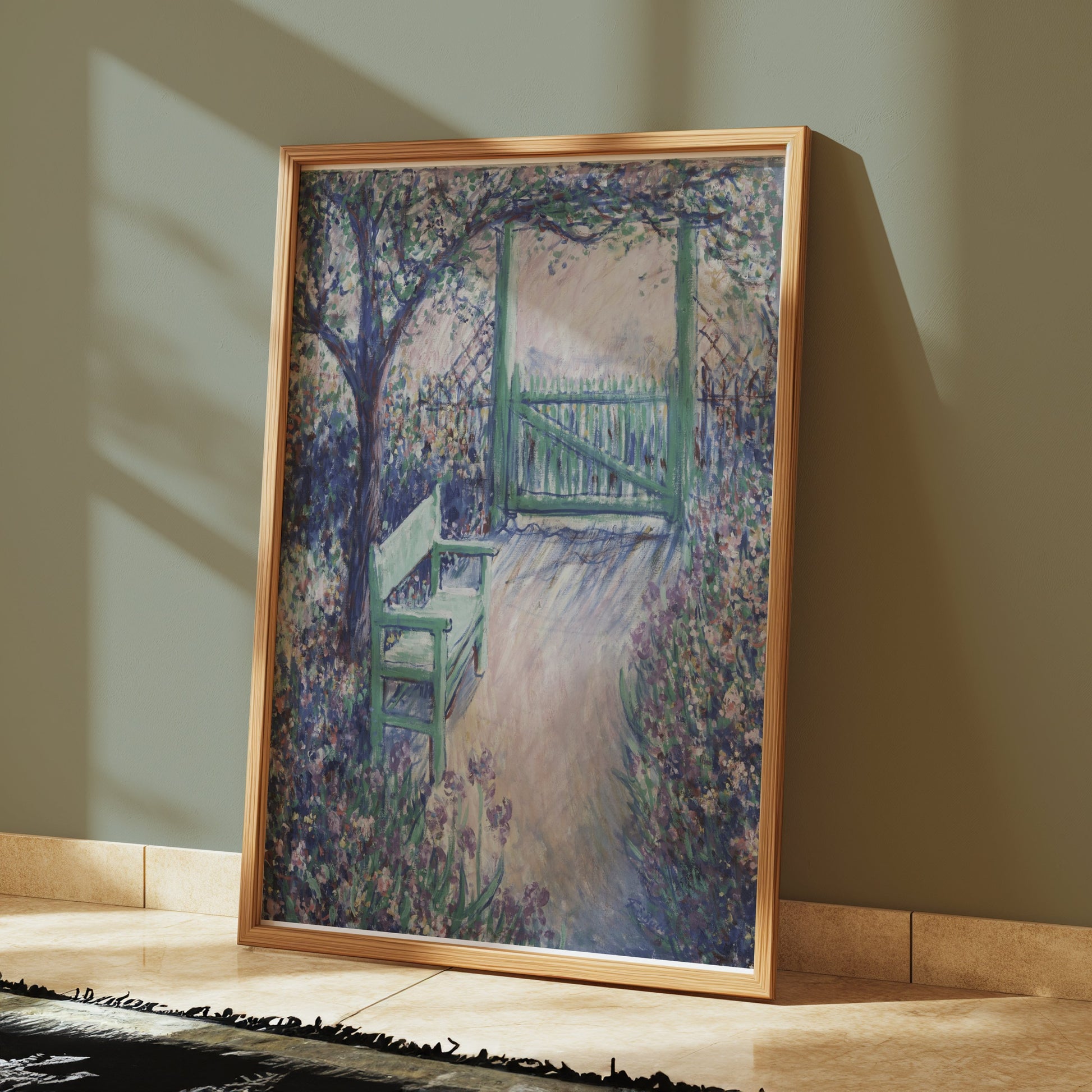 Premium Poster of Beautiful Garden View with Bench and Gate Posters