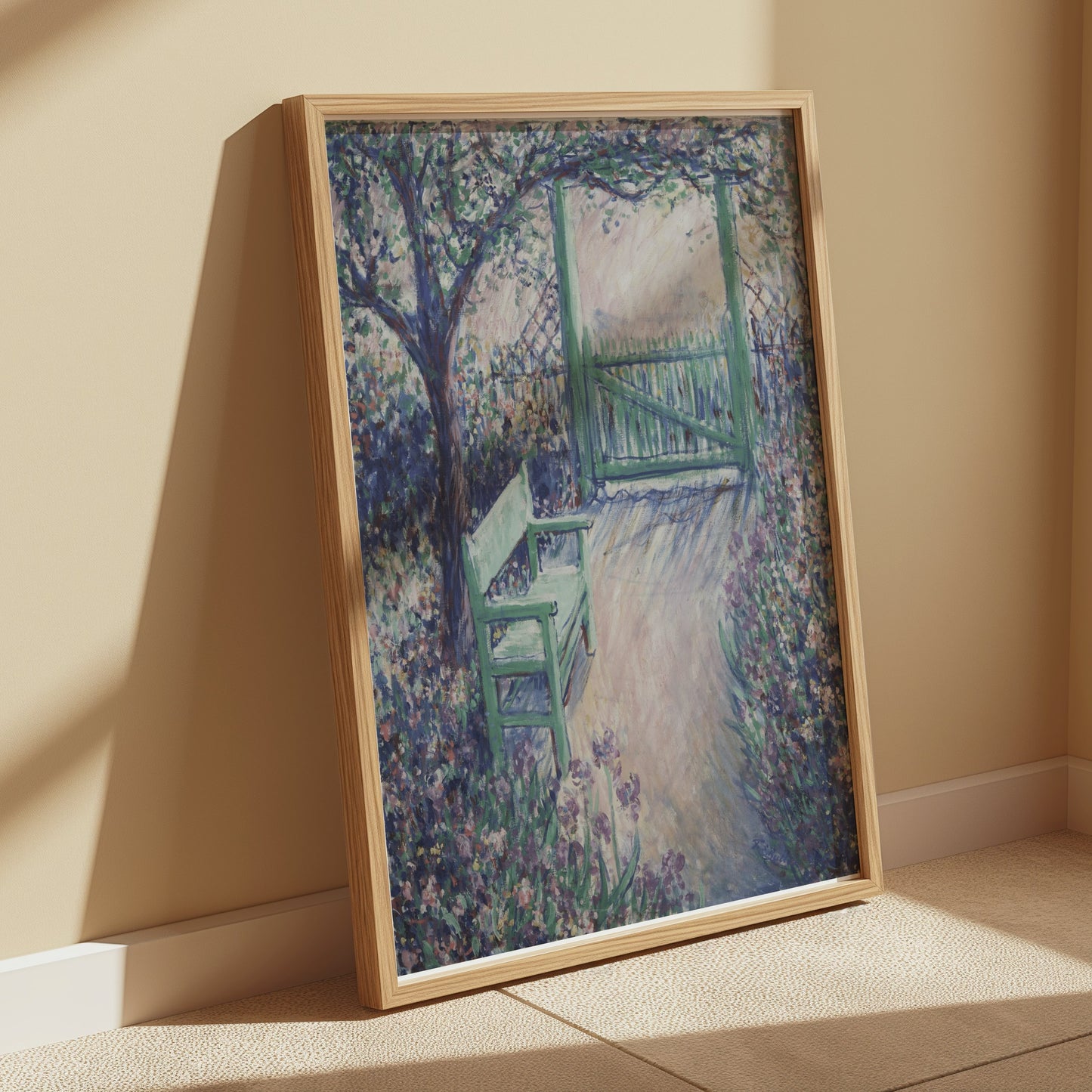 Premium Poster of Beautiful Garden View with Bench and Gate Posters