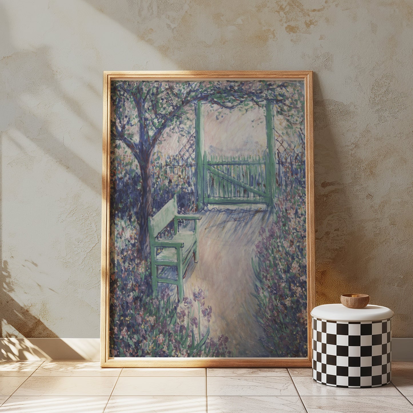 Premium Poster of Beautiful Garden View with Bench and Gate Posters