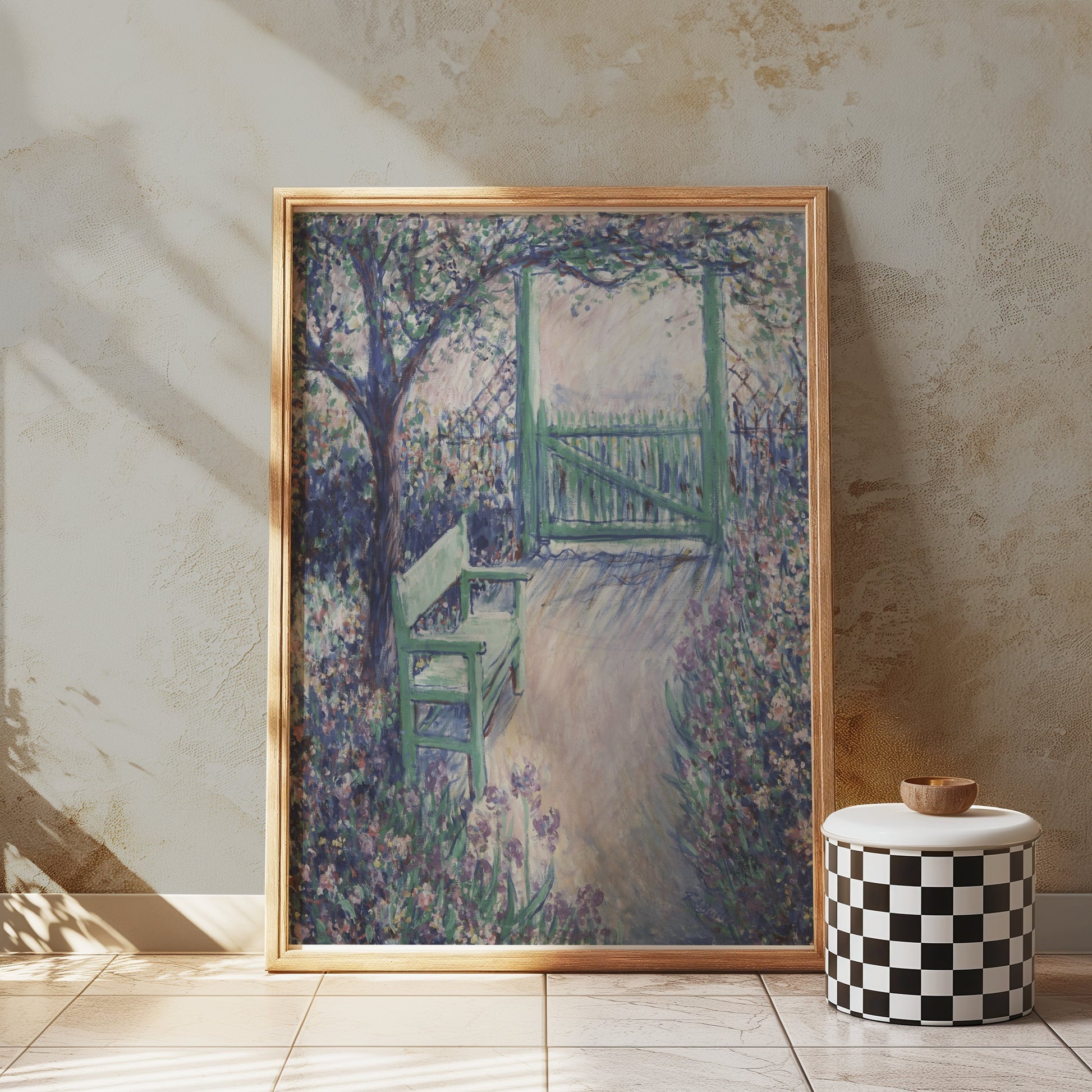 Premium Poster of Beautiful Garden View with Bench and Gate Posters
