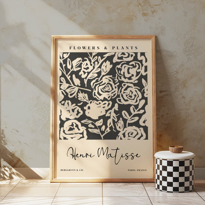 Henri Matisse floral art print in a wooden frame, placed on a textured wall with soft lighting, perfect for vintage-style home decor.