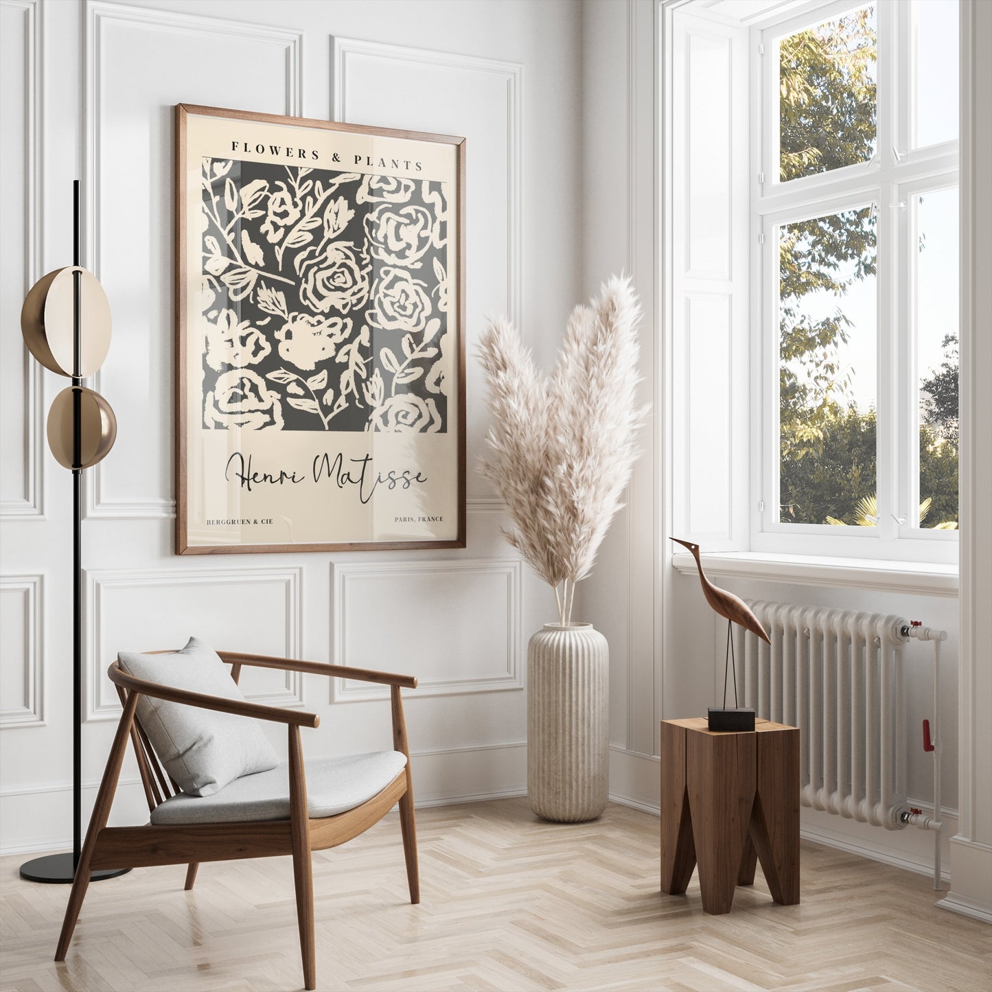 Henri Matisse floral art print displayed in a modern living room with neutral tones, featuring abstract black and white flower design.
