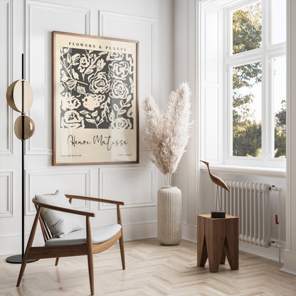 Henri Matisse floral art print displayed in a modern living room with neutral tones, featuring abstract black and white flower design.