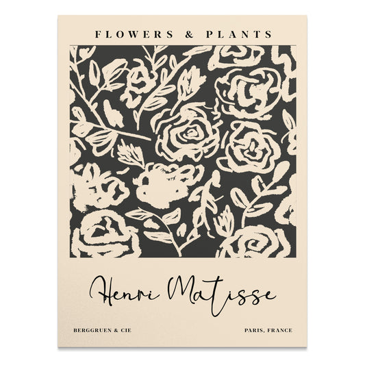 Henri Matisse floral design art print poster featuring abstract black and white flowers with vintage typography, ideal for wall decor.